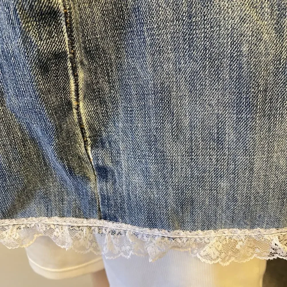 VTG OldNavy BlueDenim LaceTrim Corset Coquette Babydoll Handmade Up cycle L/XL - Picture 12 of 13